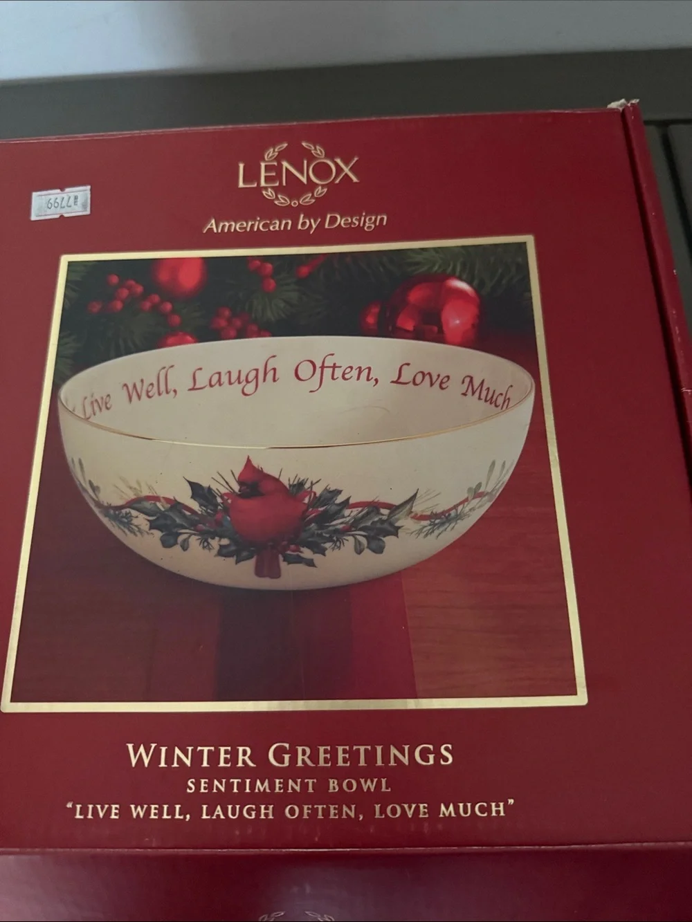 Lenox Cream Holiday Serving Bowl with Red Script and Gold Rim